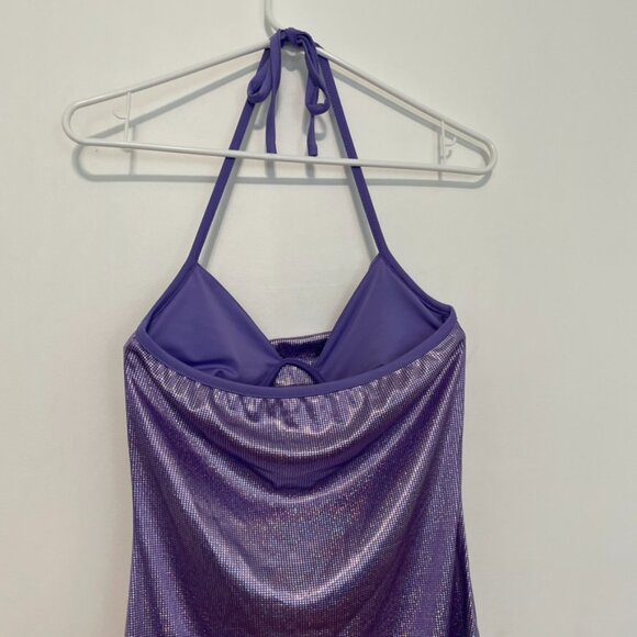 NEW NWT SHEIN SXY Backless Ruched Halter Bodycon Dress Purple Silver Iridescent - Picture 14 of 16